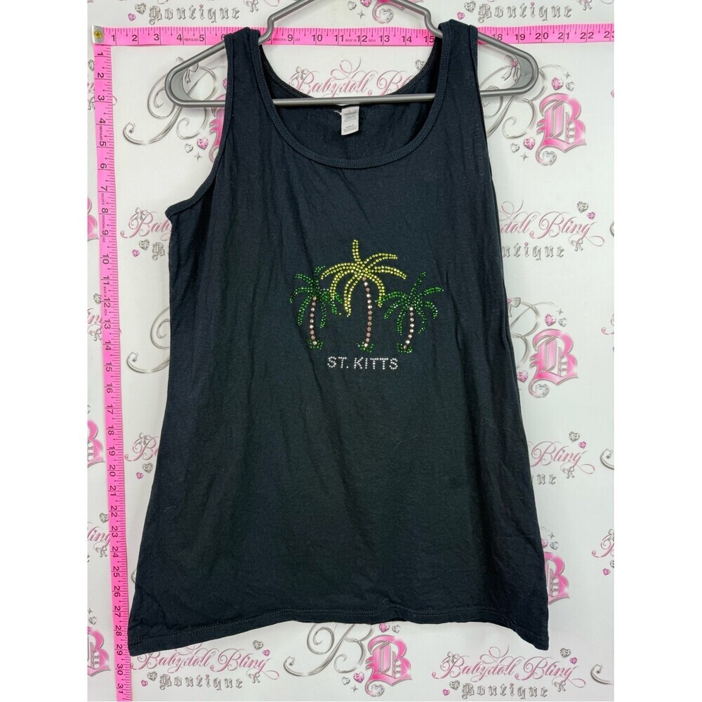 Gildan ST. KITTS Black Tank with Green and Yellow Rhinestone Palm Trees